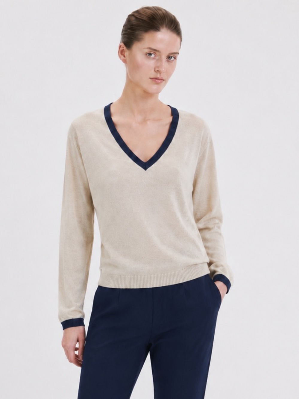 MANGO Basics Light Beige V-Neck Sweater with Navy Trim Lightweight